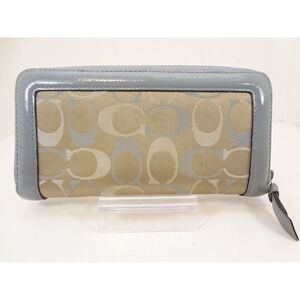 Coach Zip Around Women's Wallet Slate Blue Tan Good Signature Patent Trim